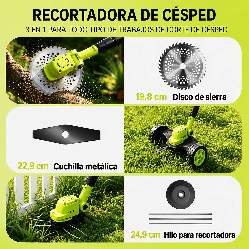 Cortadora de Césped Eléctrica Inalámbrica 3 en 1 - 2 Baterías 21V Bordeadora y Recortadora Liviana - VERDAXO™