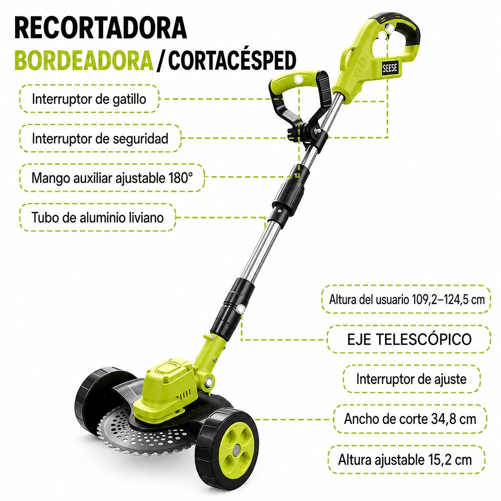 Cortadora de Césped Eléctrica Inalámbrica 3 en 1 - 2 Baterías 21V Bordeadora y Recortadora Liviana - VERDAXO™